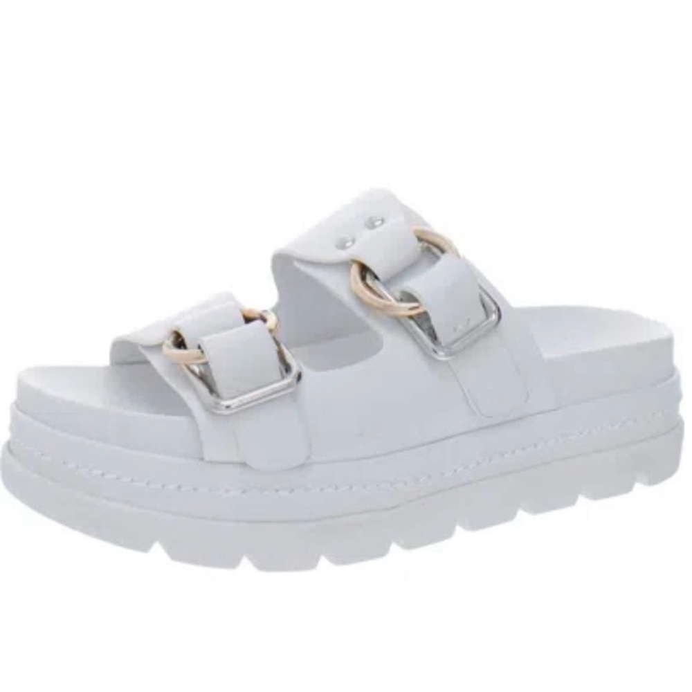JSlides White Leather Chunky Platform & Buckles Slide Sandal 8M(Women)